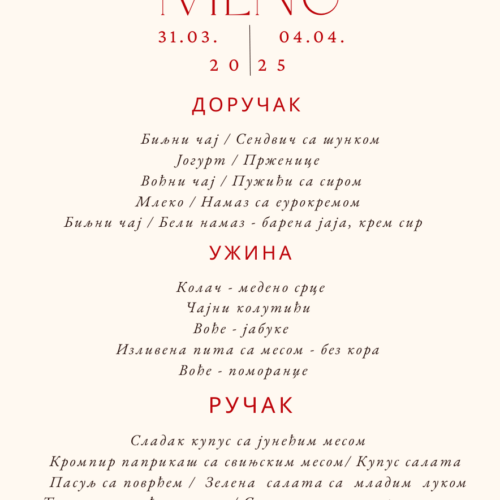 Јеловник од 31. марта до 04. априла 2025. године