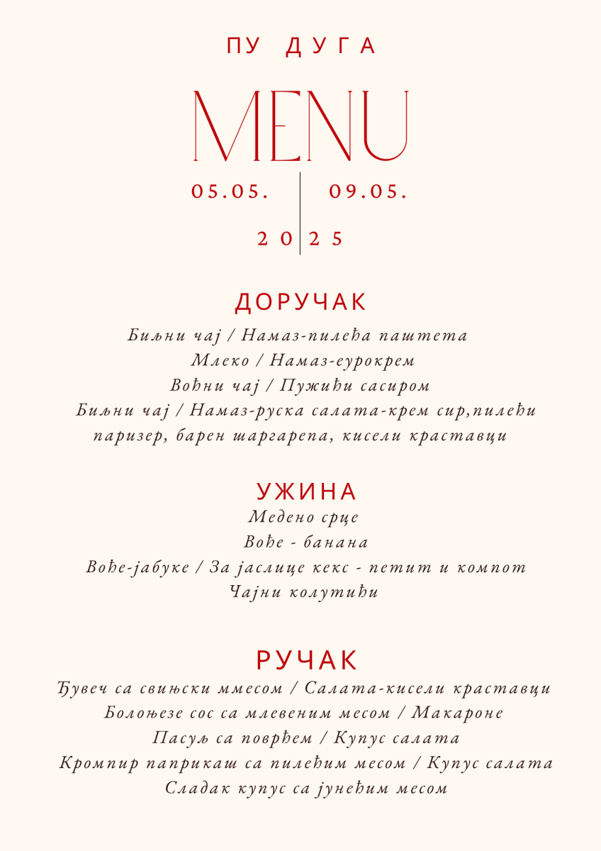 You are currently viewing Јеловник од 05. до 09. маја 2025. године
